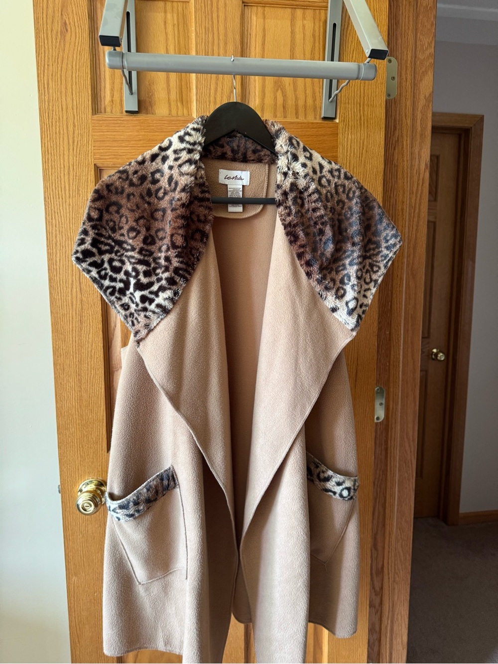 LeModa Beige Sleeveless Cardigan with Leopard-Print Trim